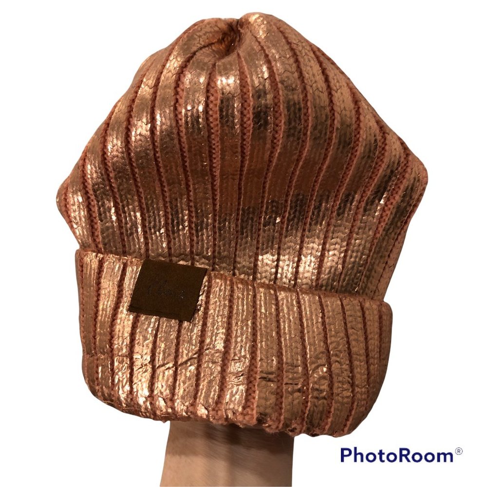 cloie pink rose gold metallic ribbed small knit hat